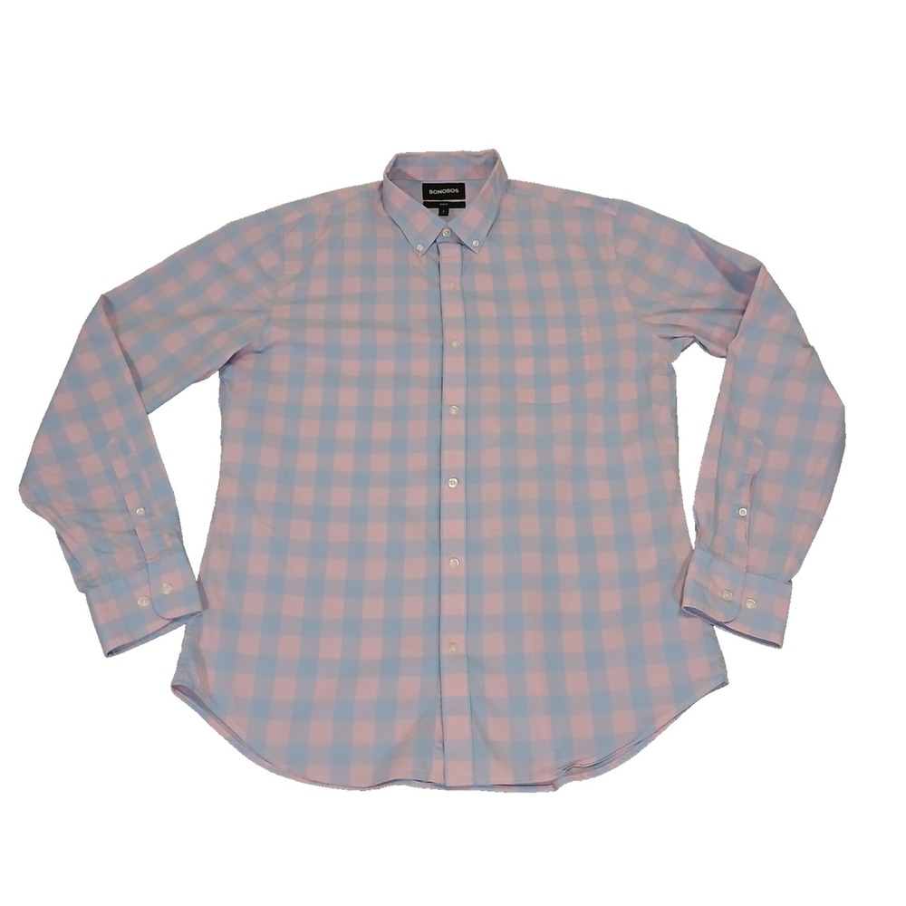 BONOBOS‎ 100% Cotton Slim Fit Button Front Plaid Shirt Blue/Pink Size Large
